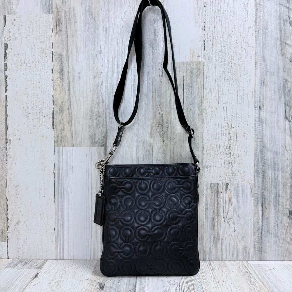Authentic COACH Black Embossed Leather Op Art Crossbody Flight Bag